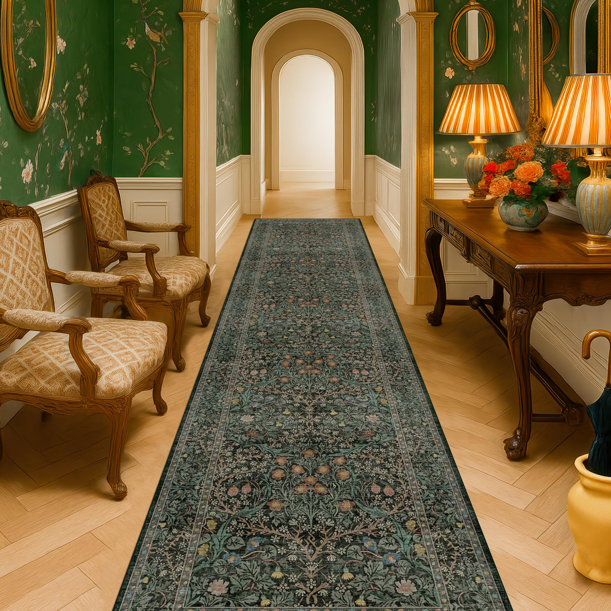Floral Dark Green Washable Area Rugs 8x10, Vintage Living Room Rug