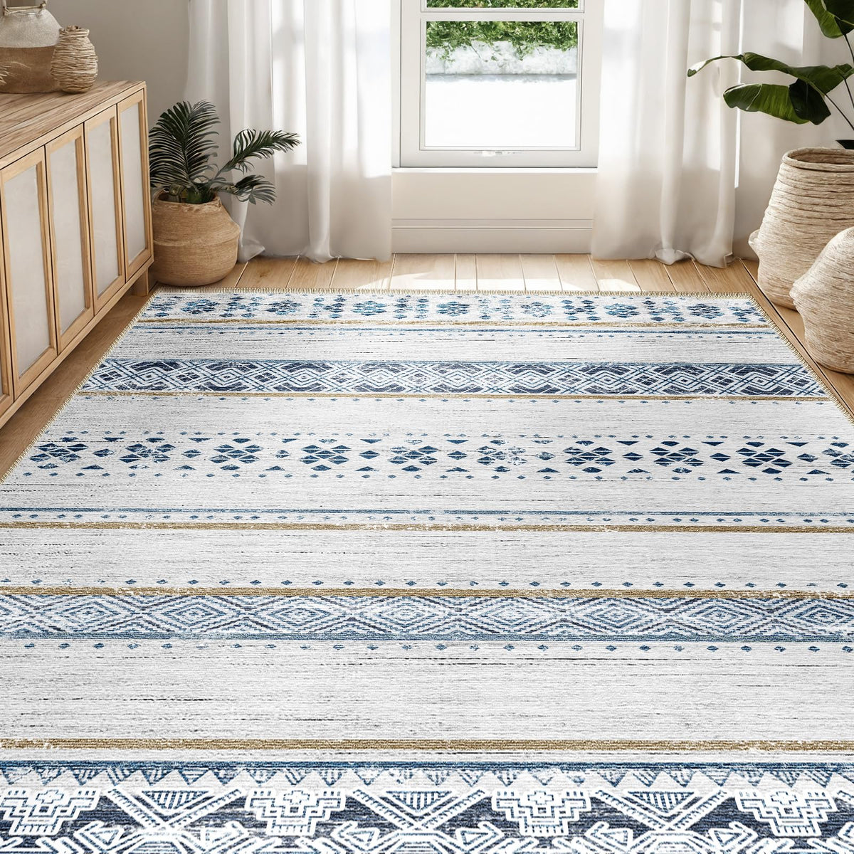 8x10 Washable Area Rugs for Living Room Boho Bedroom Rug Black/Brown