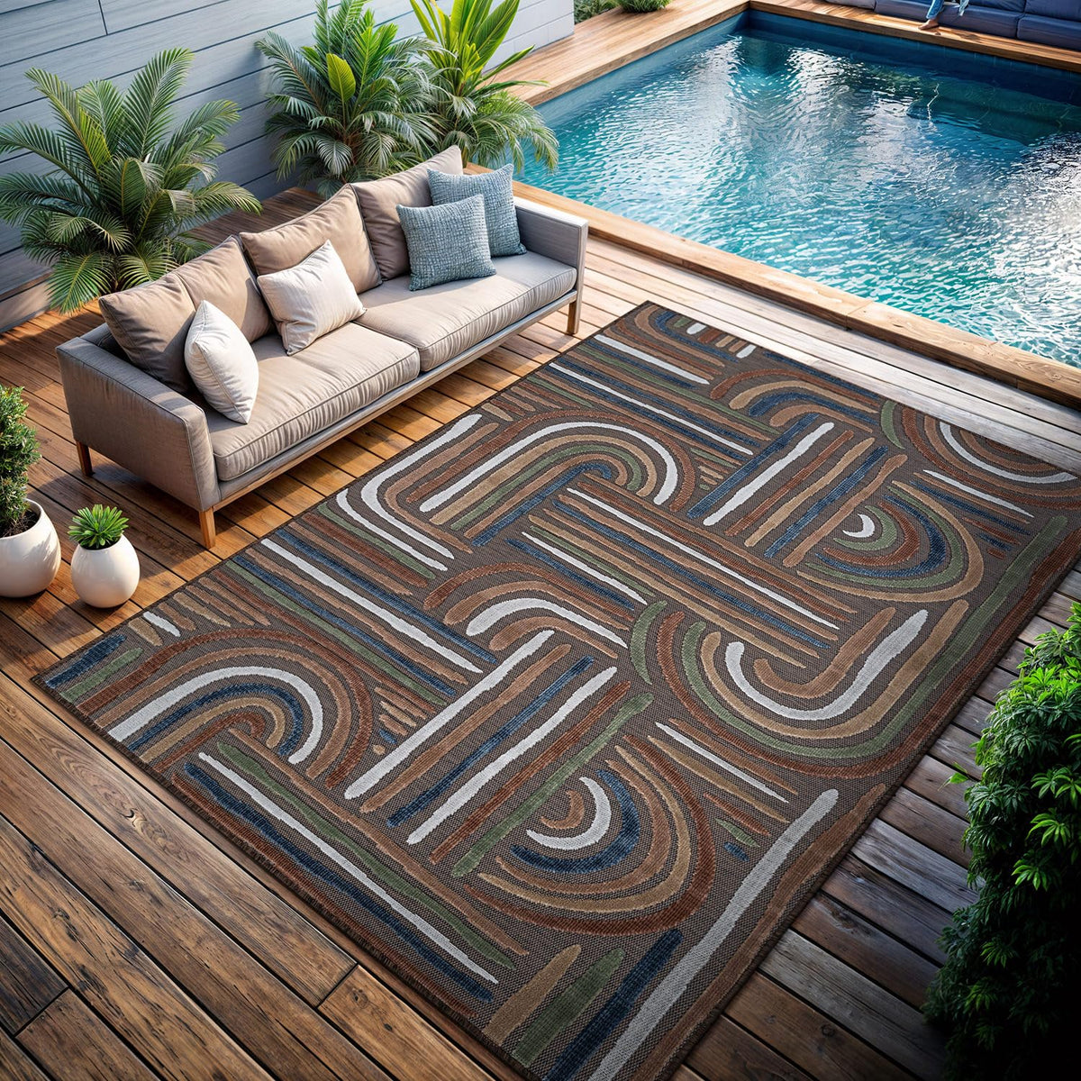 CAMILSON Indoor Outdoor Rug, Multicolor 6x9 Geometric Arch Striped Area Rugs for Patio and Home Areas, Easy-Cleaning Non-Shedding Living Room, Garden and Deck Washable Outside Carpet (6 x 9)