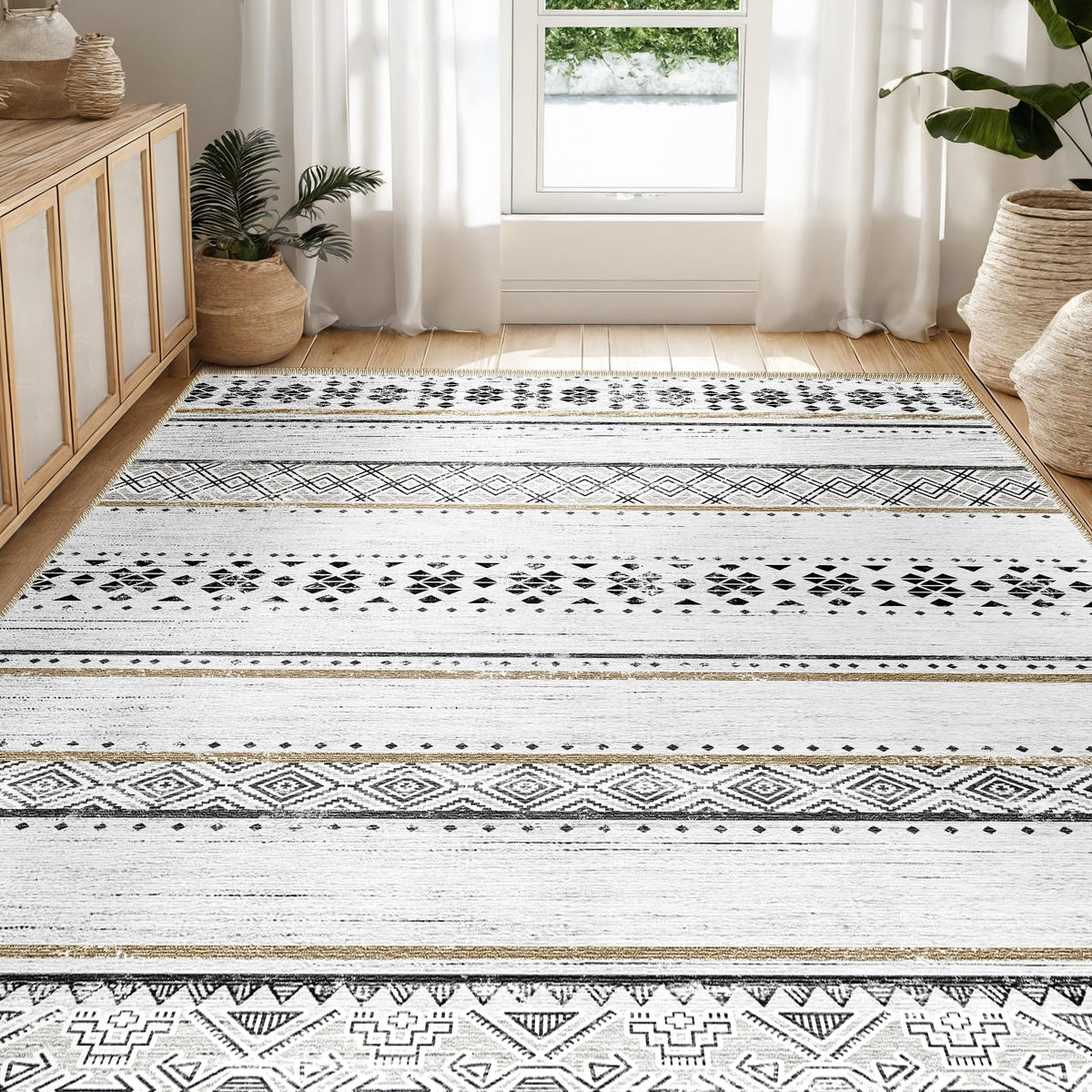 8x10 Washable Area Rugs for Living Room Boho Bedroom Rug Black/Brown