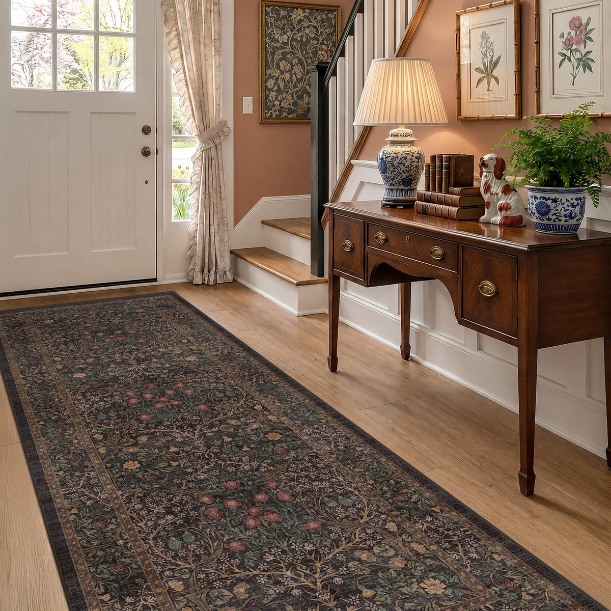 Floral Dark Green Washable Area Rugs 8x10, Vintage Living Room Rug