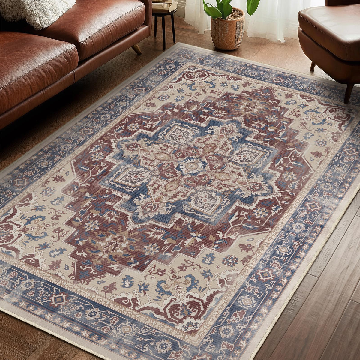 Vintage Distressed 5x7 Area Rugs for Living Room Bedroom Non Slip Washable, Medallion Pattern Printed Low Pile Thin Carpet Rugs for Dining Room/Kitchen/Home Office, Multi Brown Olive Accents
