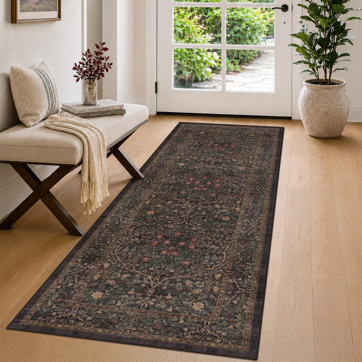 Floral Dark Green Washable Area Rugs 8x10, Vintage Living Room Rug