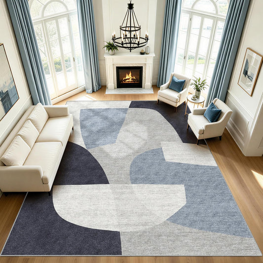 8x10 Geometric Washable Area Rug, Rugs for Living Room, Blue Grey