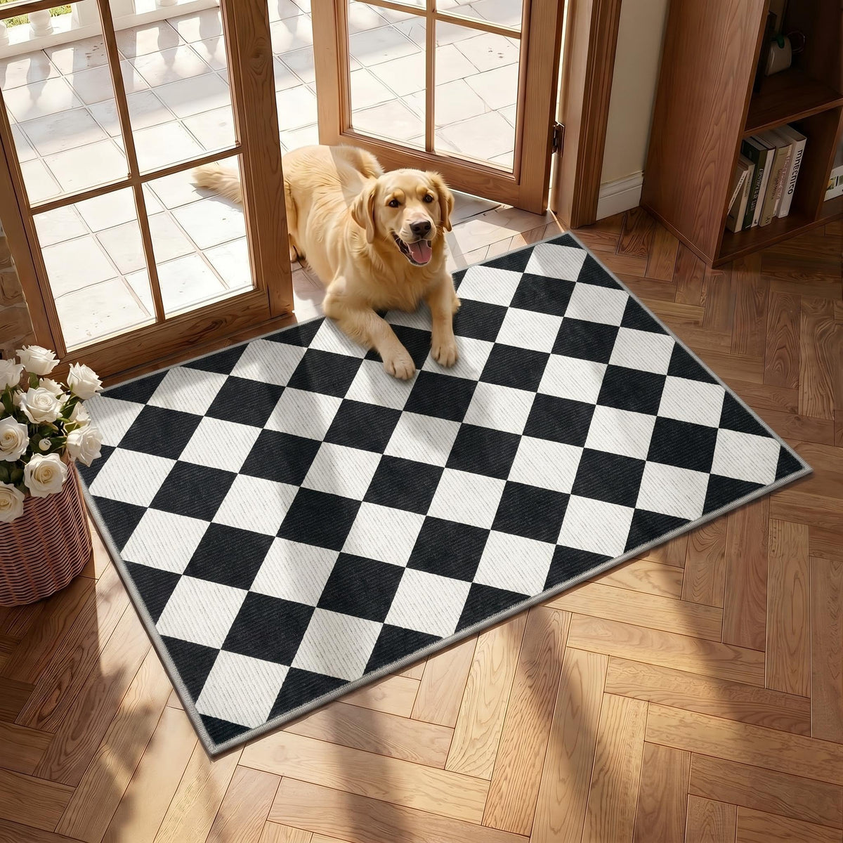 GarveeHome 5x7 Checkered Area Rug Black and Brown Washable Living Room Rug