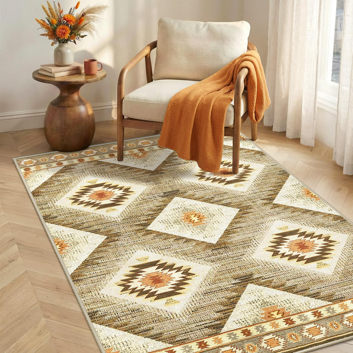 BESTSWEETIE 5'x7' Washable Area Rug for Living Room Bedroom Yellowbrown