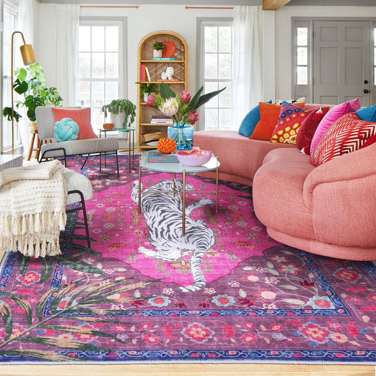 5x7 FT Leopard Rug for Living Room Hot Pink Leopard Vintage Animal Rug Aesthetic Pink Rugs for Girls Room Nursery Bedroom Home Office Dorm Thin Bright Magenta Carpet (Hot Pink, 5X7 FT)