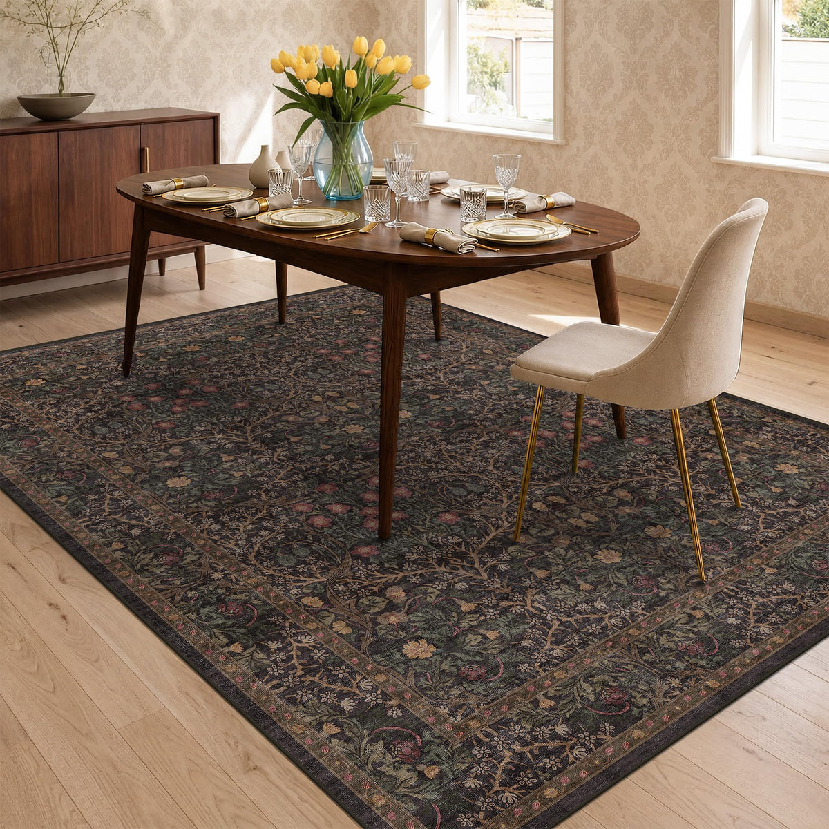 Floral Dark Green Washable Area Rugs 8x10, Vintage Living Room Rug