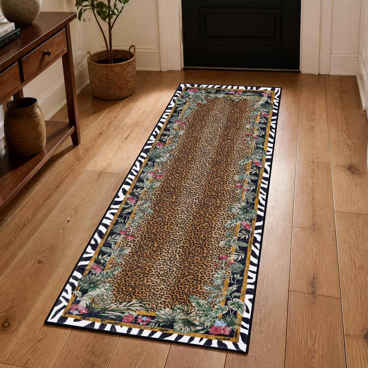 Leopard Area Rugs for Living Room 5×7, Washable Cheetah Rug with Zebra-Striped Border, Non-Slip Low Pile Animal Print Carpet for Bedroom, Dining Room, Playroom, Home Decor