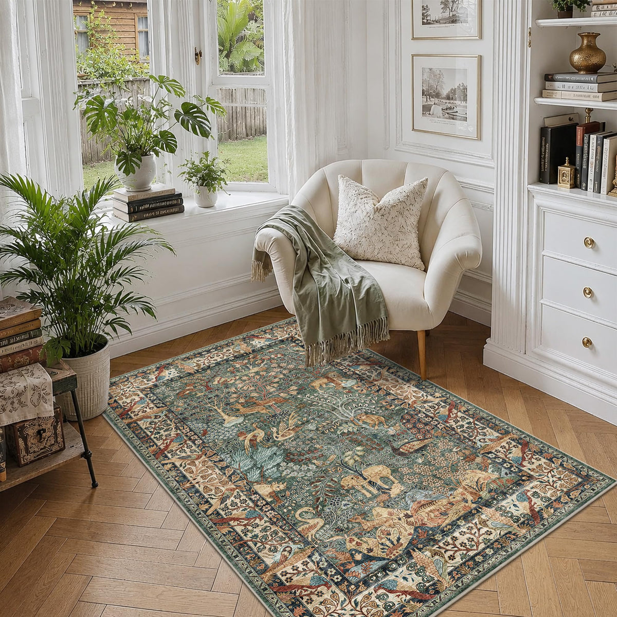 5x7 Washable Area Rug Vintage Animals Print Boho Indoor Carpet
