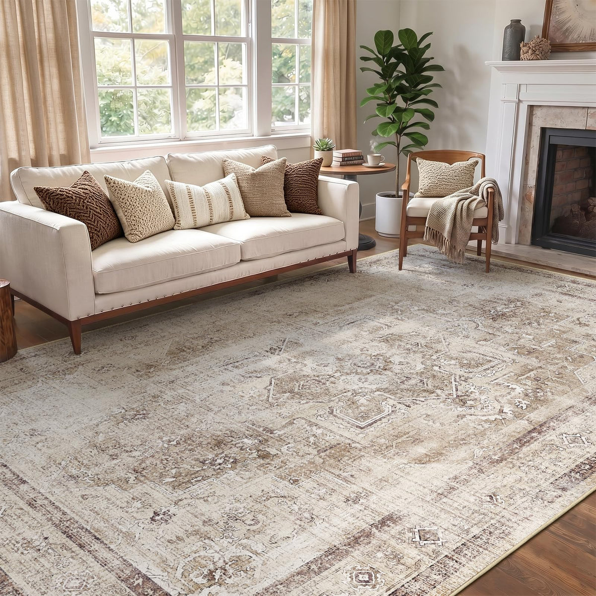 Vintage Distressed 5x7 Area Rugs for Living Room Bedroom Non Slip Washable, Medallion Pattern Printed Low Pile Thin Carpet Rugs for Dining Room/Kitchen/Home Office, Multi Brown Olive Accents
