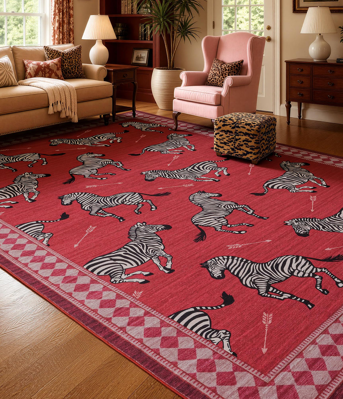 YIHOUSE Red Zebra Area Rugs 5×7, Washable Animal Print Rug with Checkered Border, Non-Slip Low Pile Mid-Century Modern Carpet for Living Room, Bedroom, Dining Room, Home Decor