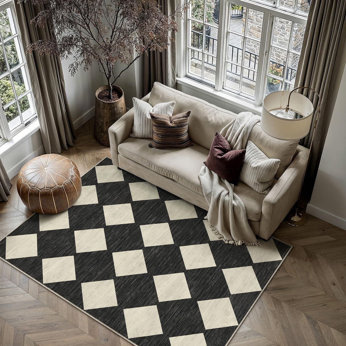 PureCozy 8x10 Washable Area Rug Living Room Beige Non Slip Checkered Carpet