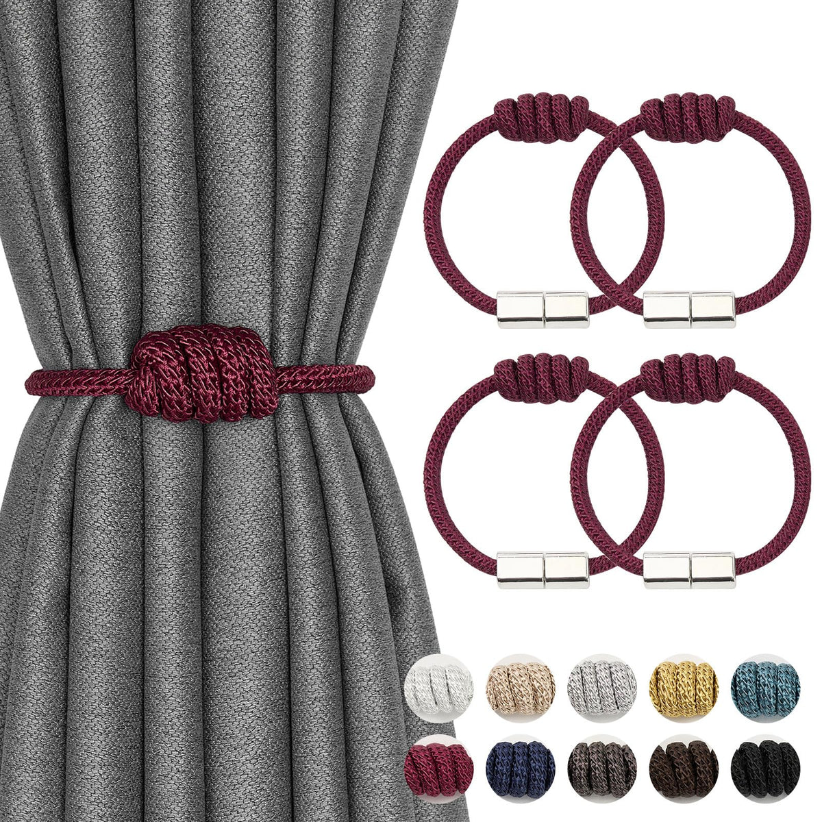 NICEEC 2 Pack Mini Magnetic Curtain Tiebacks Modern Simple Style Drape Tie Backs Elegant Hand Weave Rope Knot Decorative Curtain Holdbacks for Home & Office Window Drapery (Dark Grey)