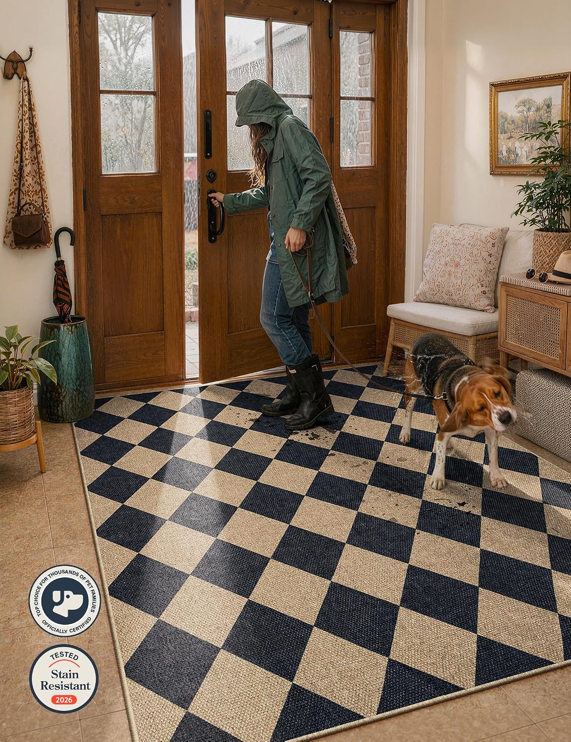 Lahome Checkered Easy Jute 5x7 Area Rugs, Washable Outdoor Patio Rug for Living Room Diamond Indoor Outdoor Carpet, Farmhouse Geometric Non Slip Black Carpet for Backyard Dining Room
