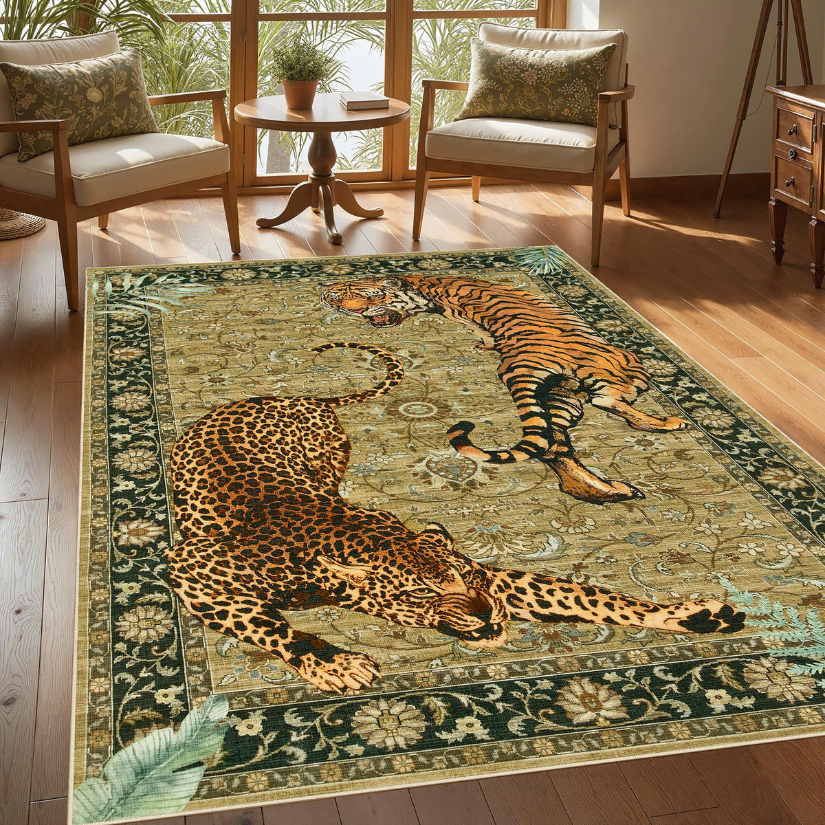 Joydeco Tiger Cheetah Animal Print 5x7 Washable Living Room Bedroom Rug
