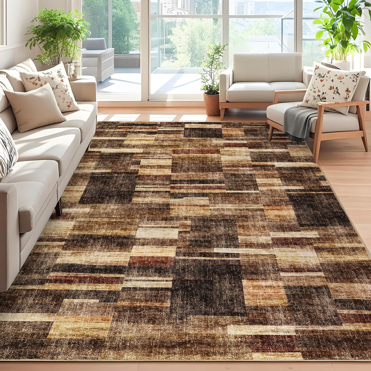 Large Living Room Rugs 8x10 Area Rugs Machine Washable Modern Geometric Neutral Rug Non Slip Low Pile Farmhouse Stain Resistant Carpet for Bedroom Nursery Classroom Dorm 8'x10' Multi