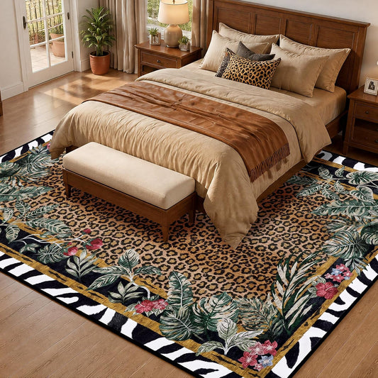 Leopard Area Rugs for Living Room 5×7, Washable Cheetah Rug with Zebra-Striped Border, Non-Slip Low Pile Animal Print Carpet for Bedroom, Dining Room, Playroom, Home Decor