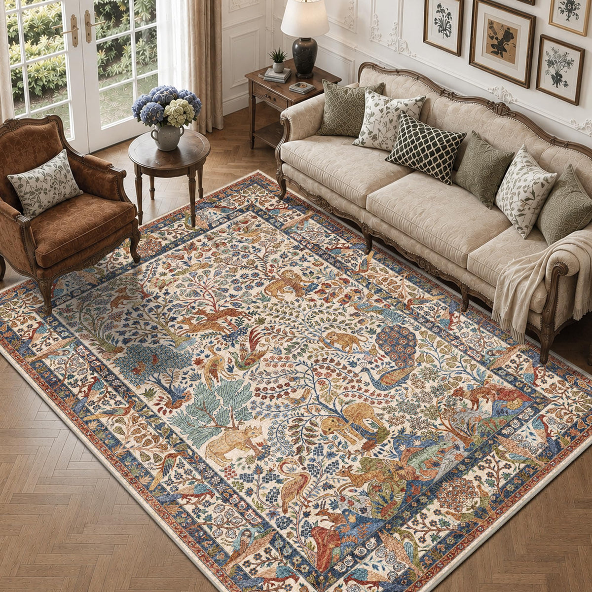 5x7 Washable Area Rug Vintage Animals Print Boho Indoor Carpet