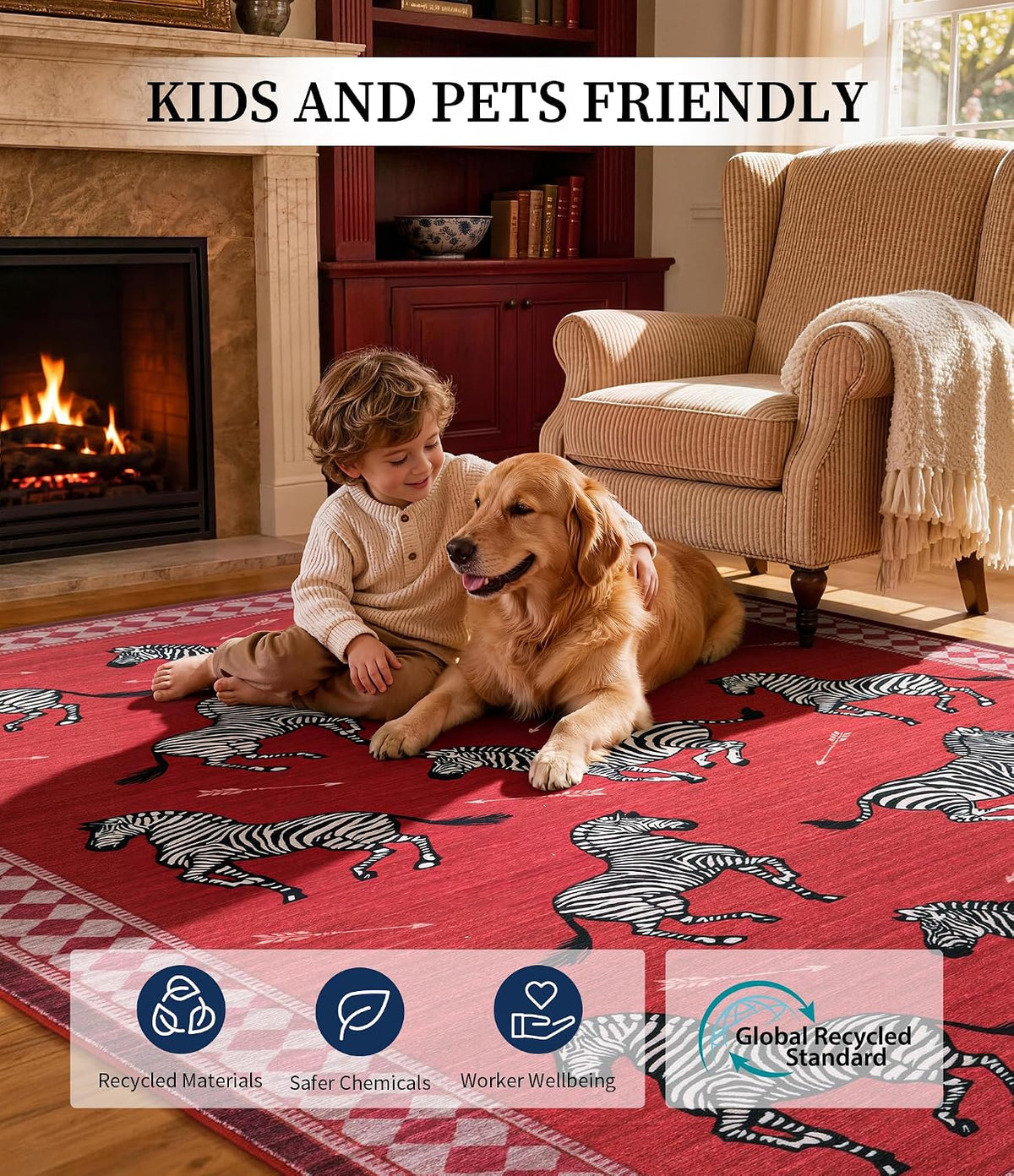 YIHOUSE Red Zebra Area Rugs 5×7, Washable Animal Print Rug with Checkered Border, Non-Slip Low Pile Mid-Century Modern Carpet for Living Room, Bedroom, Dining Room, Home Decor