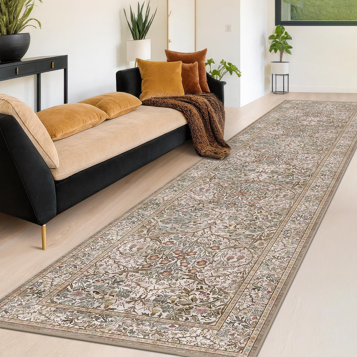 Floral Dark Green Washable Area Rugs 8x10, Vintage Living Room Rug