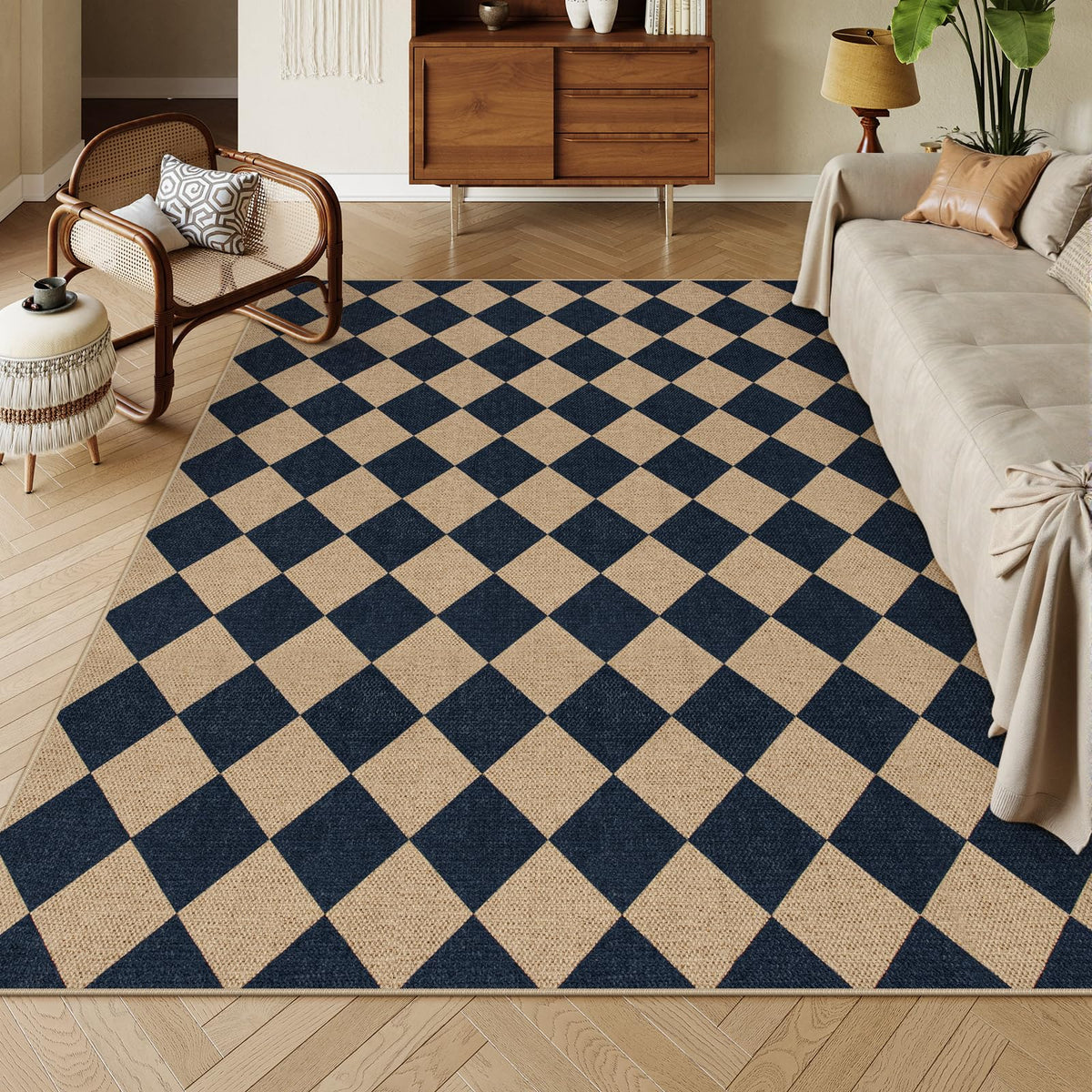 Lahome Checkered Easy Jute 5x7 Area Rugs, Washable Outdoor Patio Rug for Living Room Diamond Indoor Outdoor Carpet, Farmhouse Geometric Non Slip Black Carpet for Backyard Dining Room