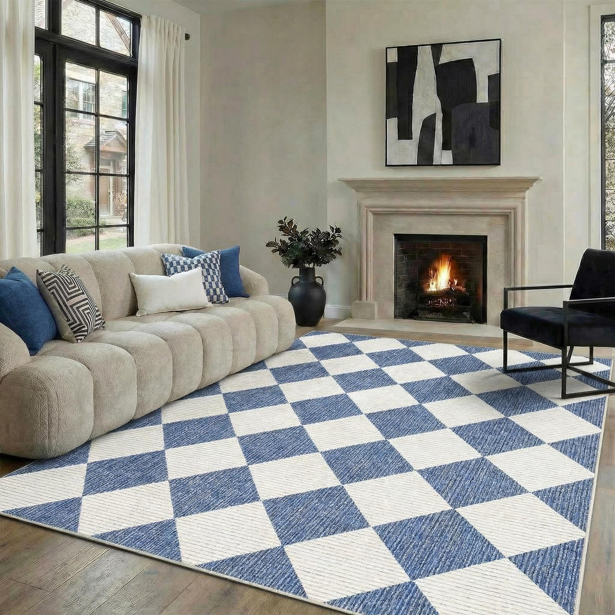 GarveeHome 5x7 Checkered Area Rug Black and Brown Washable Living Room Rug