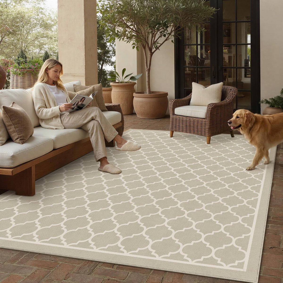 PureCozy 8x10 Washable Area Rug Living Room Beige Non Slip Checkered Carpet