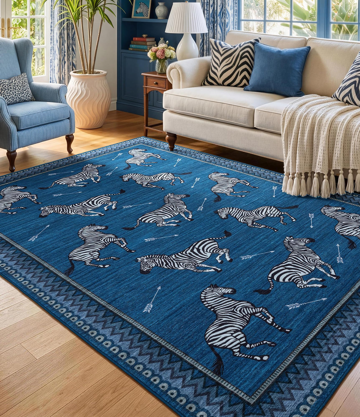 YIHOUSE Red Zebra Area Rugs 5×7, Washable Animal Print Rug with Checkered Border, Non-Slip Low Pile Mid-Century Modern Carpet for Living Room, Bedroom, Dining Room, Home Decor