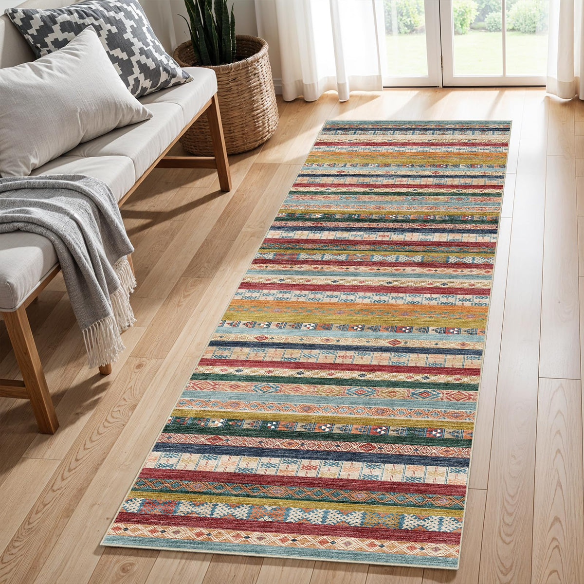 5x7 Washable Area Rug for Living Room - Non-Slip Geometric Rugs Blue Grey