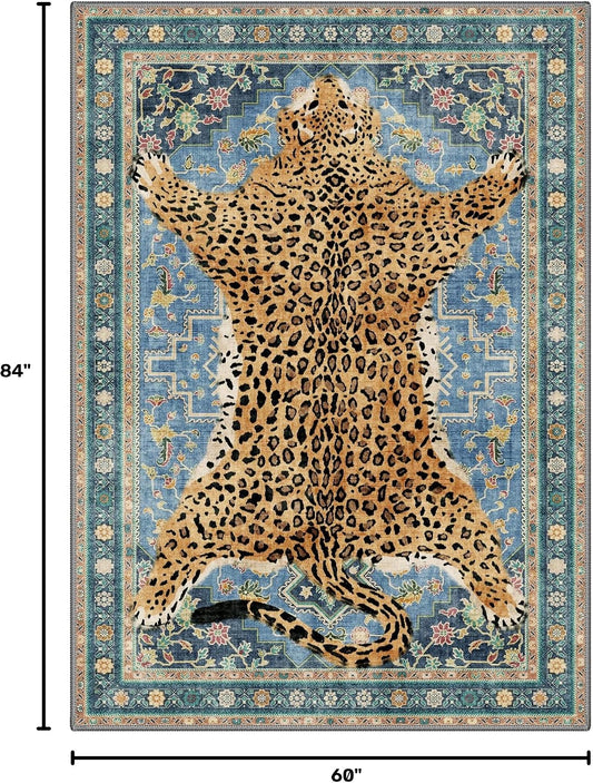 Bavni Leopard Rug 5x7 Cheetah Animal Print Rug Washable Jungle Rugs Blue