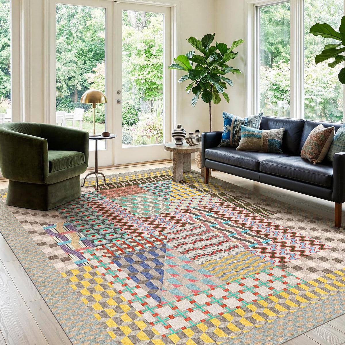 Kokia 8x10 Modern Geometric Washable Rug for Living Room Bauhaus Multicolor