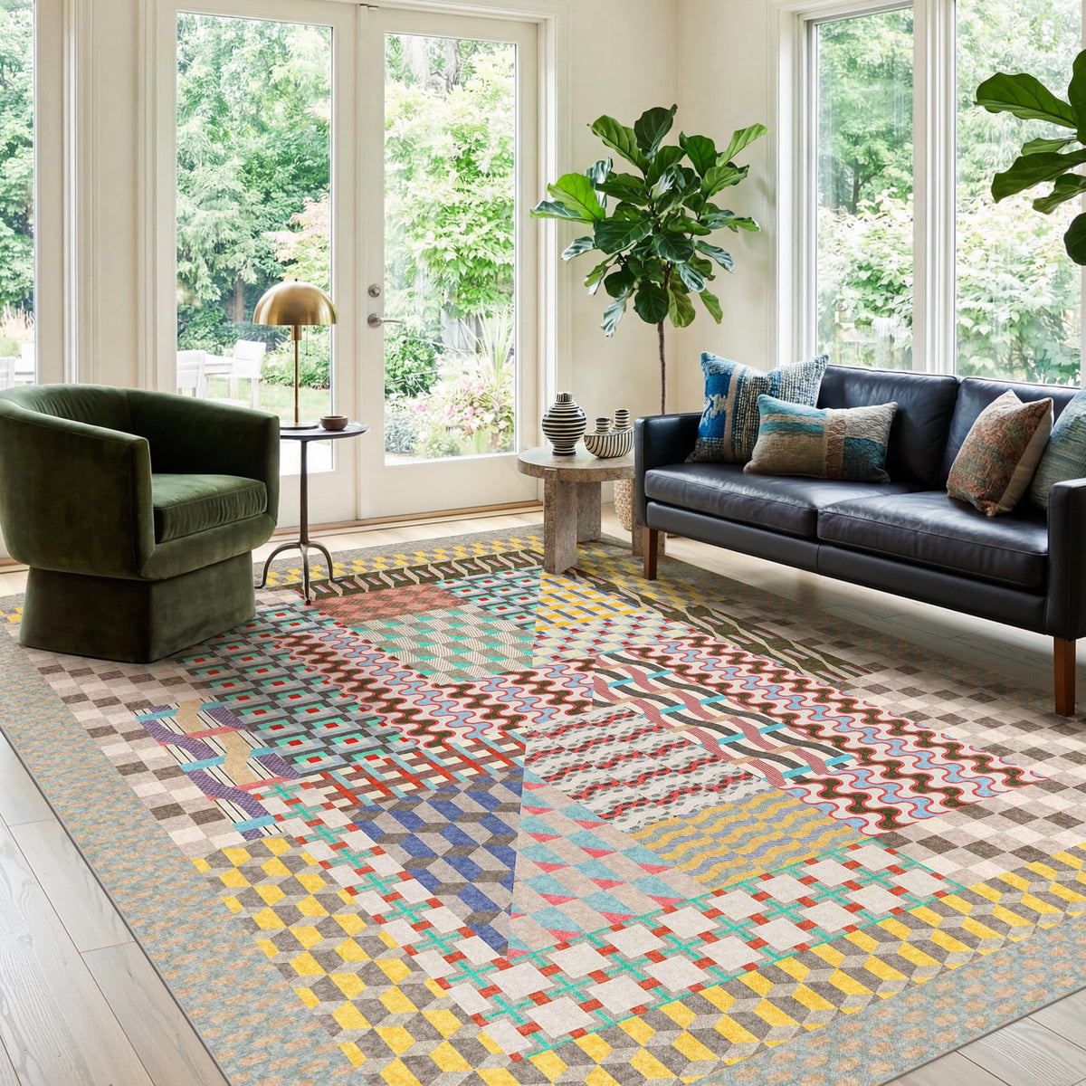 Kokia 8x10 Modern Geometric Washable Rug for Living Room Bauhaus Multicolor