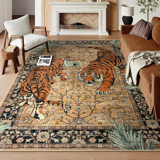 Moynesa Tiger 8x10 Area Rug, Washable Boho Rugs for Living Room, Vintage Large Soft Dining Room Rug, Non Slip Ultra Thin Stain Resistant Floor Carpet for Home Office Bedroom, Camel