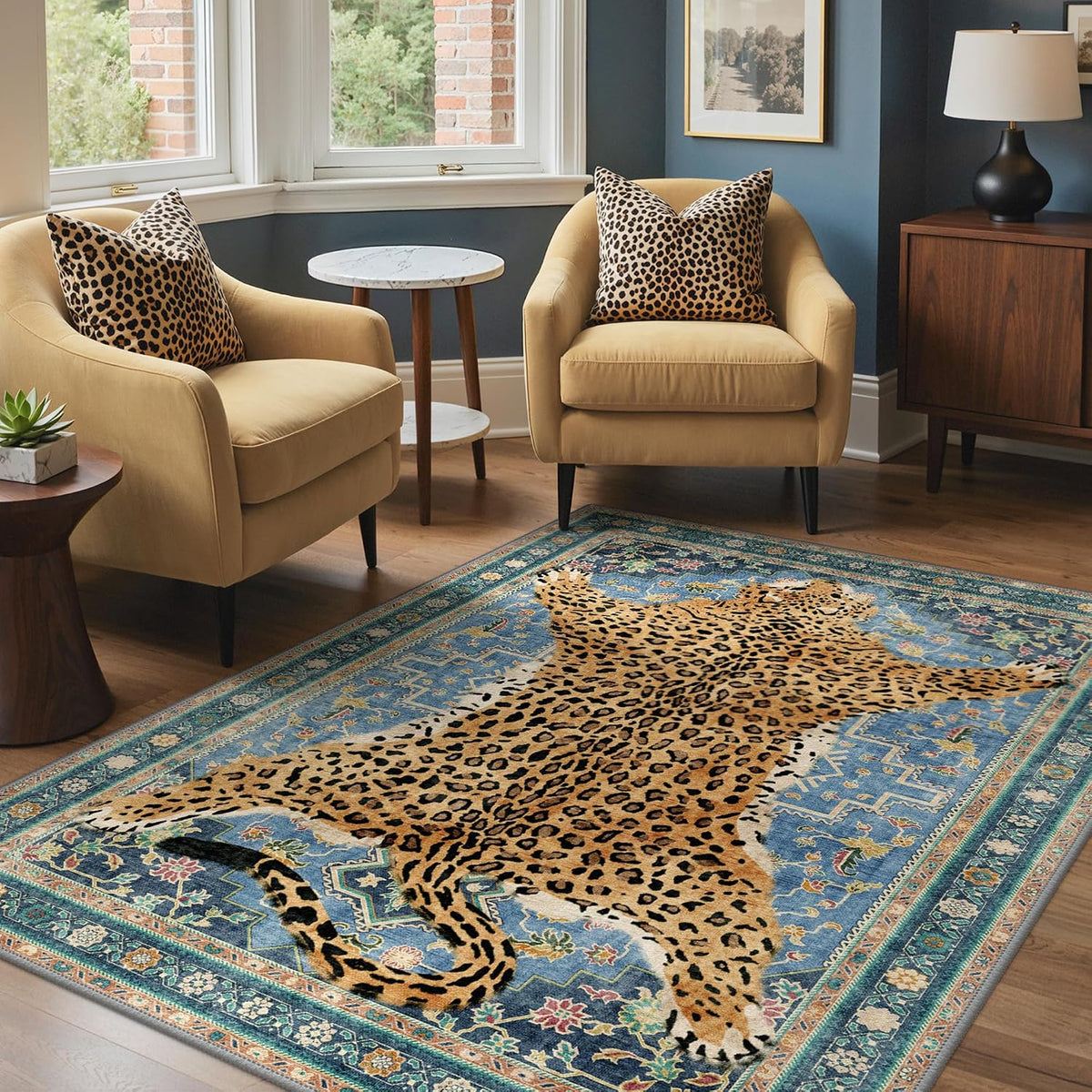 Bavni Leopard Rug 5x7 Cheetah Animal Print Rug Washable Jungle Rugs Blue