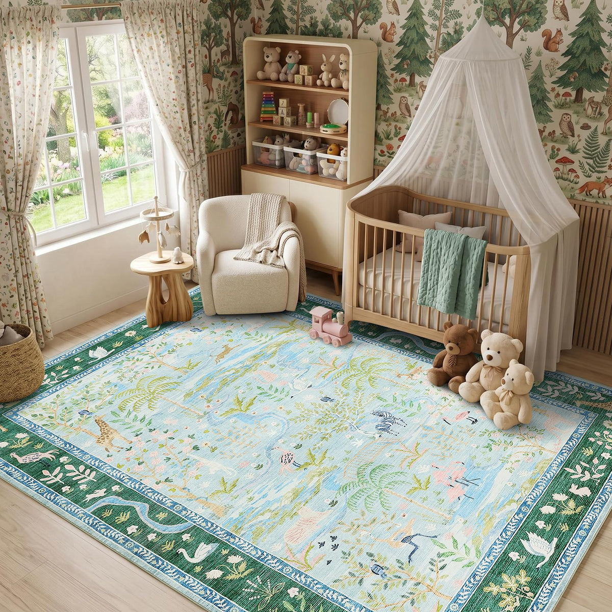 Washable Area Rug 5x7 Green Animal Print Rugs for Nursery Non Slip Stain Resistant Forest Fairy Tale Throw Carpet Low Pile Whimsical Safari Area Rugs for Entryway Girls Bedroom Dining Room, Green