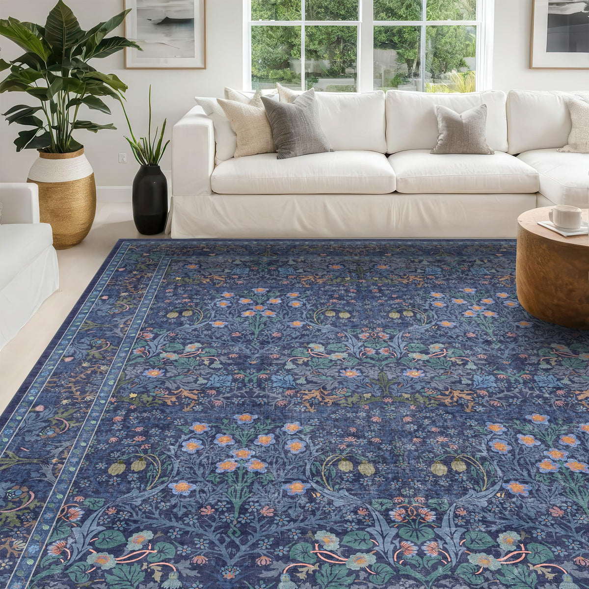 Floral Dark Green Washable Area Rugs 8x10, Vintage Living Room Rug
