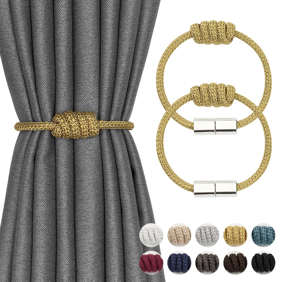 NICEEC 2 Pack Mini Magnetic Curtain Tiebacks Modern Simple Style Drape Tie Backs Elegant Hand Weave Rope Knot Decorative Curtain Holdbacks for Home & Office Window Drapery (Dark Grey)