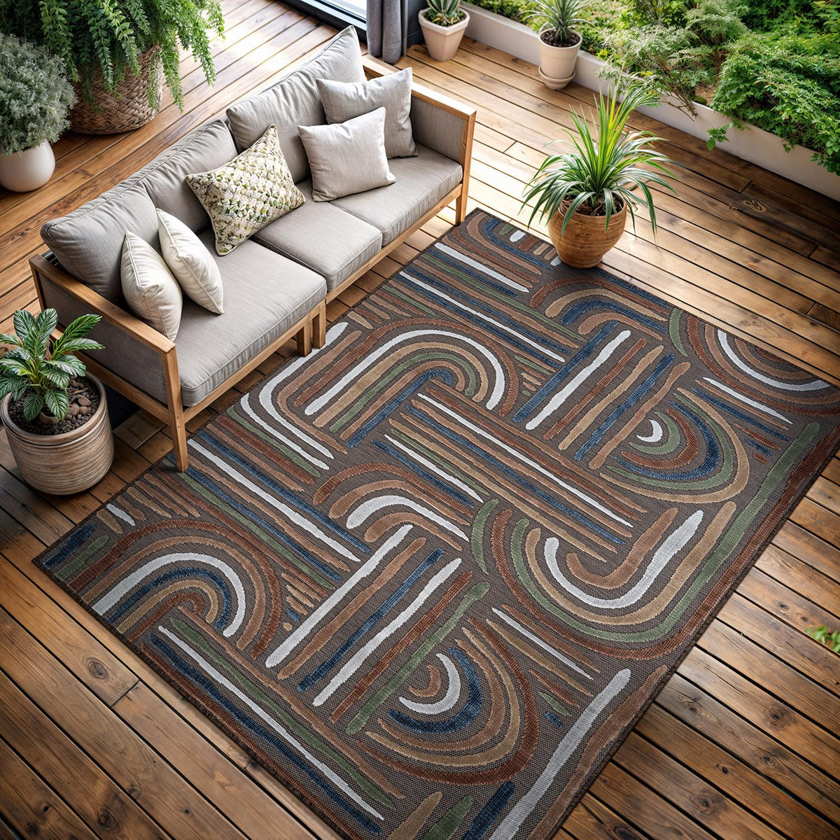 CAMILSON Indoor Outdoor Rug, Multicolor 6x9 Geometric Arch Striped Area Rugs for Patio and Home Areas, Easy-Cleaning Non-Shedding Living Room, Garden and Deck Washable Outside Carpet (6 x 9)