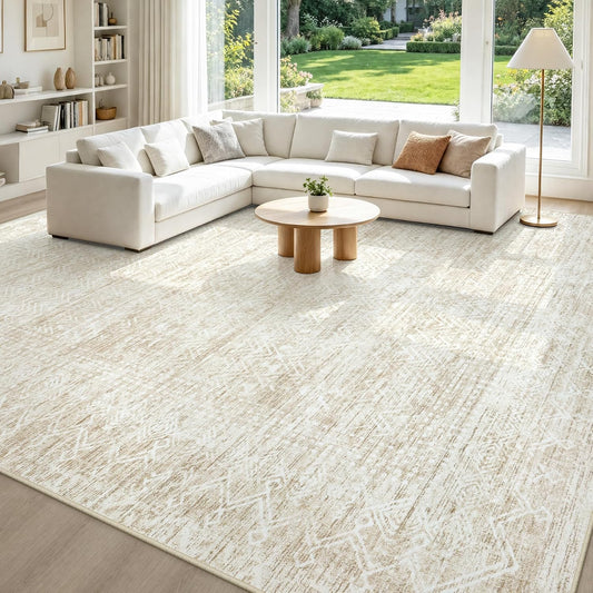 8x10 Area Rugs, Beige Washable Geometric Boho Rug for Living Room, Bedroom