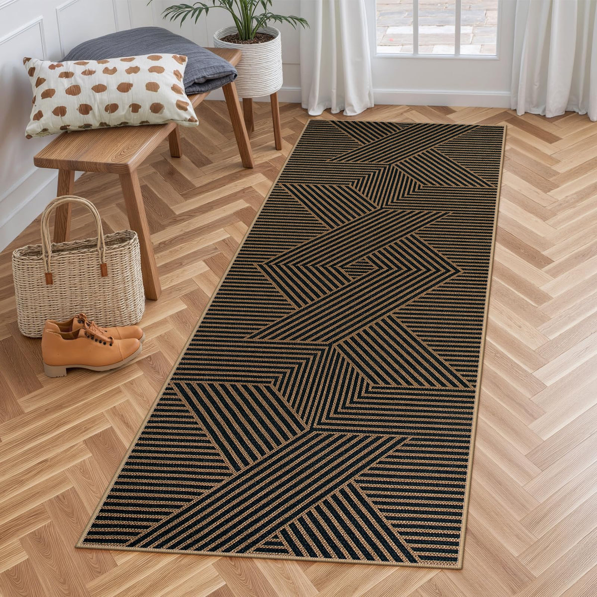 Lahome Modern Rainbow Easy Jute Carpet, Washable 5x7 Area Rugs for Living Room Patio Black Farmhouse Indoor Outdoor Rugs, Contemporary Natural Non Slip Floor Carpet for Office RV Backyard
