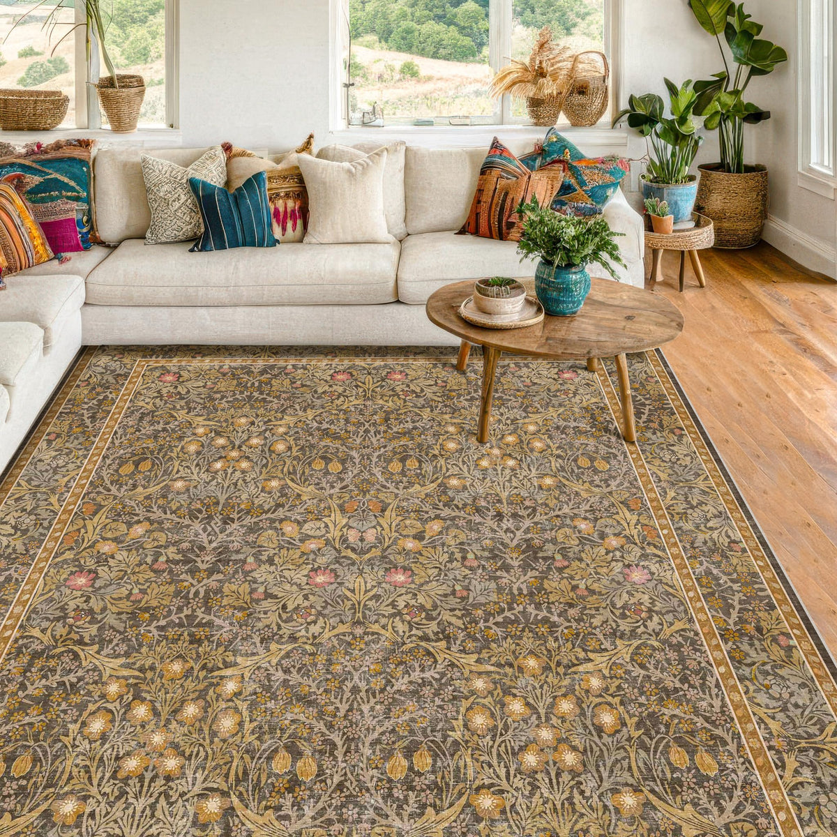Floral Dark Green Washable Area Rugs 8x10, Vintage Living Room Rug