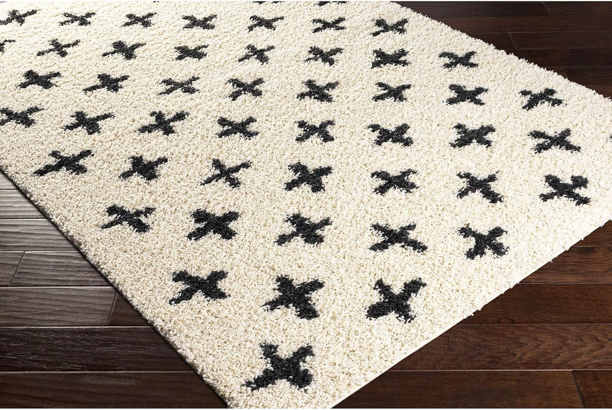 Livabliss Area Rugs - 5x7 Soft Mora Moroccan Boho Black Cream Shag Rug for Living Room Bedroom - Geometric Plush Pile Stain Resistant Bohemian Carpet for Dining Room, Nursery and Office (5'3" x 7')