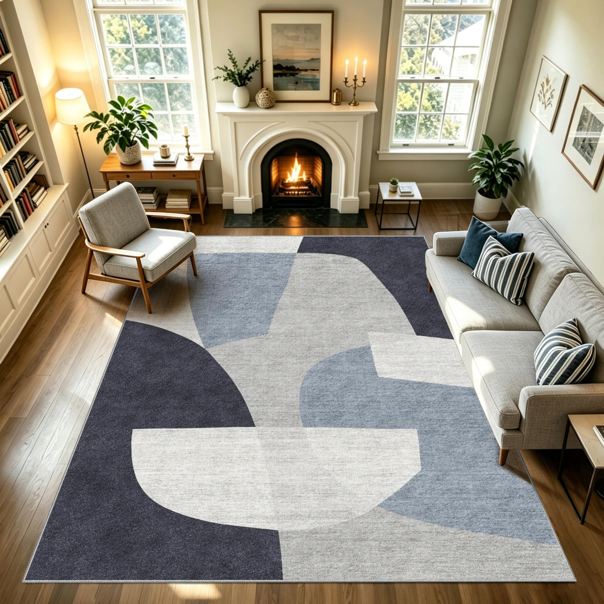 8x10 Geometric Washable Area Rug, Rugs for Living Room, Blue Grey