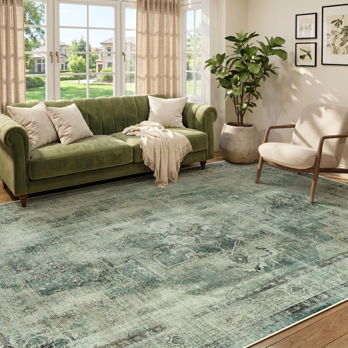 Vintage Distressed 5x7 Area Rugs for Living Room Bedroom Non Slip Washable, Medallion Pattern Printed Low Pile Thin Carpet Rugs for Dining Room/Kitchen/Home Office, Multi Brown Olive Accents