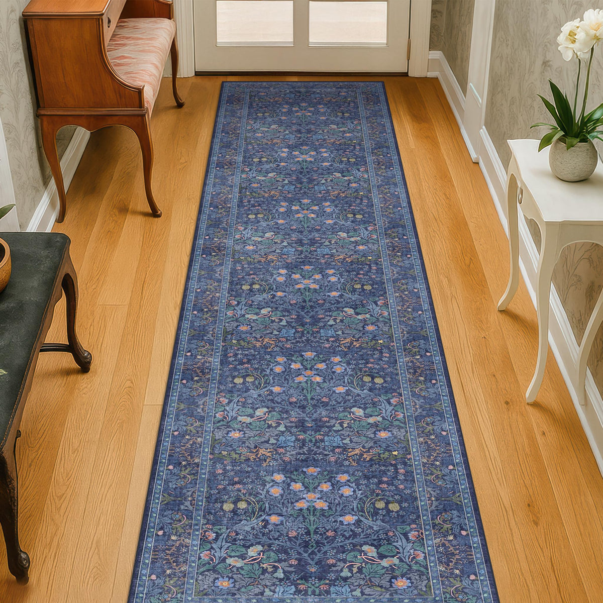 Floral Dark Green Washable Area Rugs 8x10, Vintage Living Room Rug
