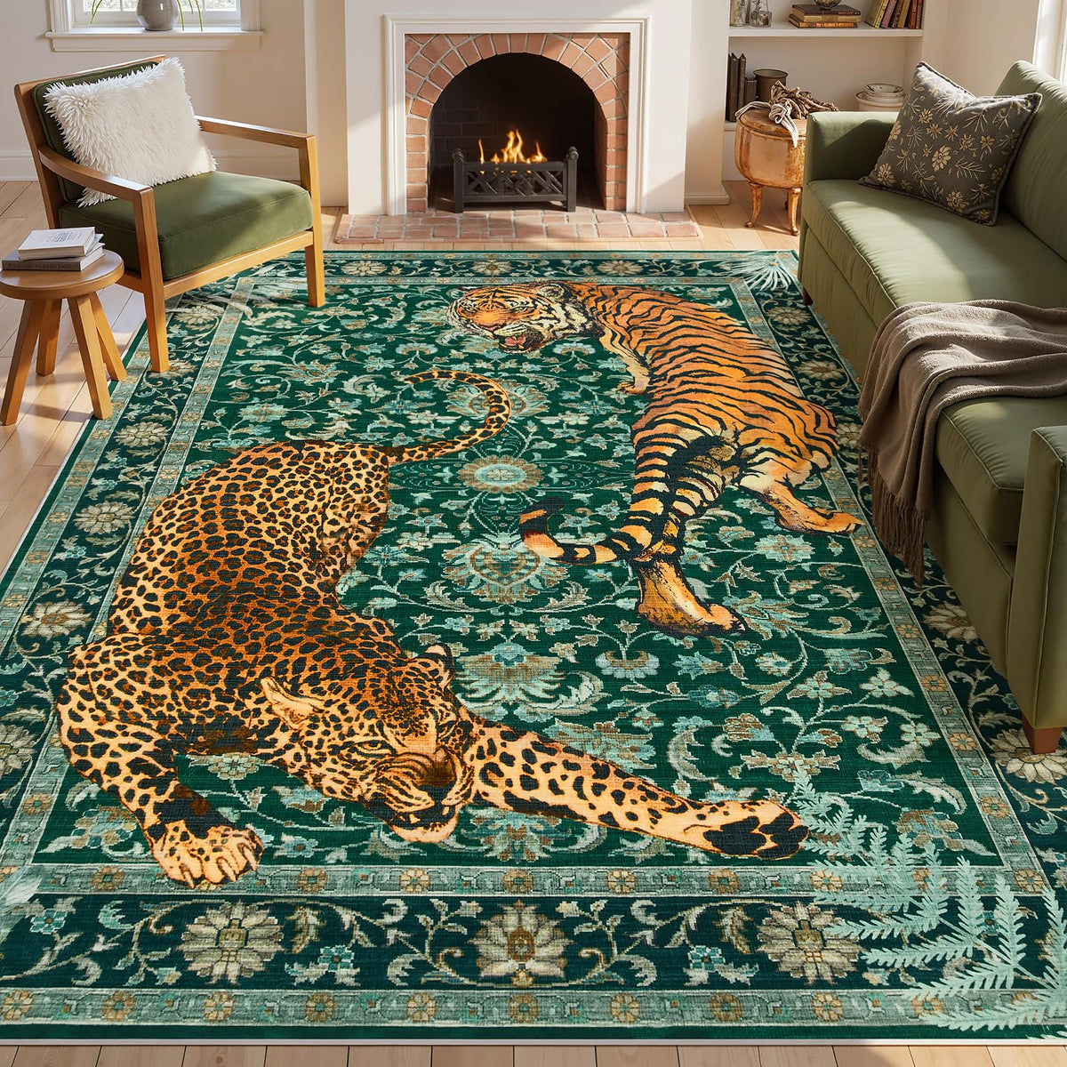 Joydeco Tiger Cheetah Animal Print 5x7 Washable Living Room Bedroom Rug
