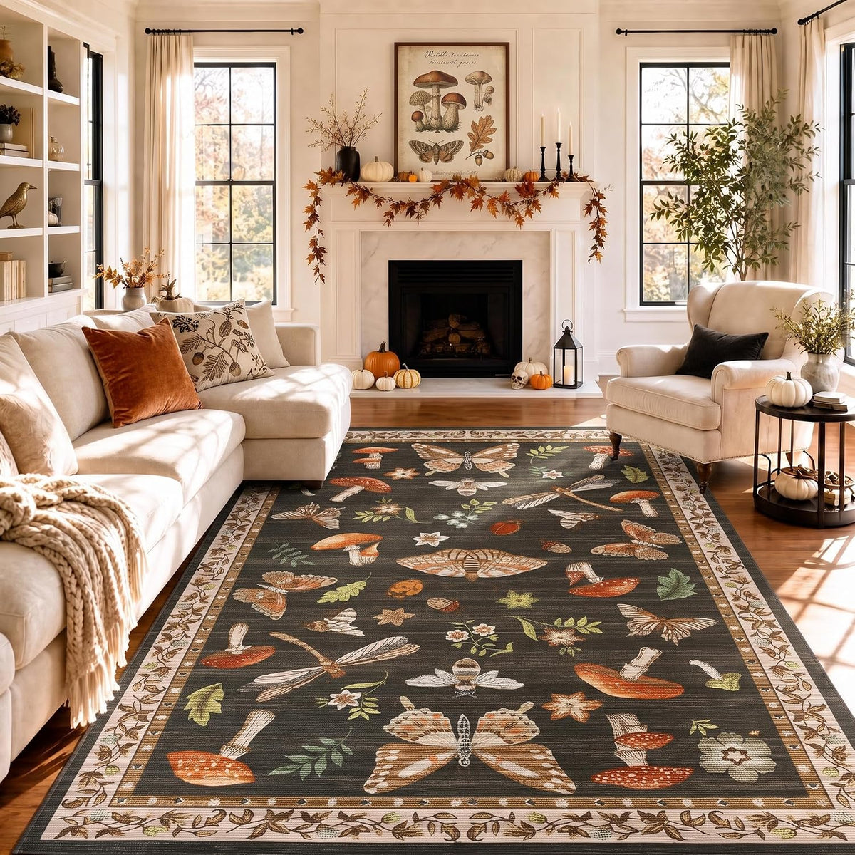 ROYHOME Mushroom Insect Washable Rug 5x7 for Bedroom Living Room Brown