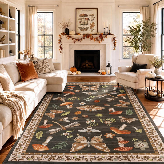 ROYHOME Mushroom Insect Washable Rug 5x7 for Bedroom Living Room Brown
