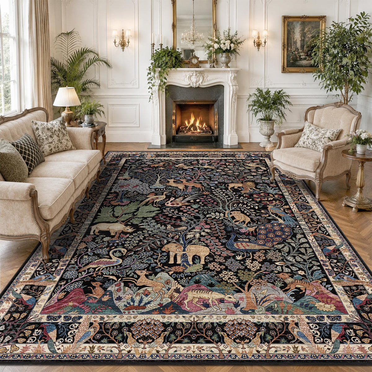 5x7 Washable Area Rug Vintage Animals Print Boho Indoor Carpet